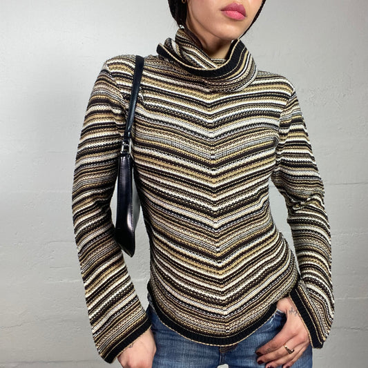 Vintage 90's Archive Black & Khaki Highneck Jumper with Stripes (L)