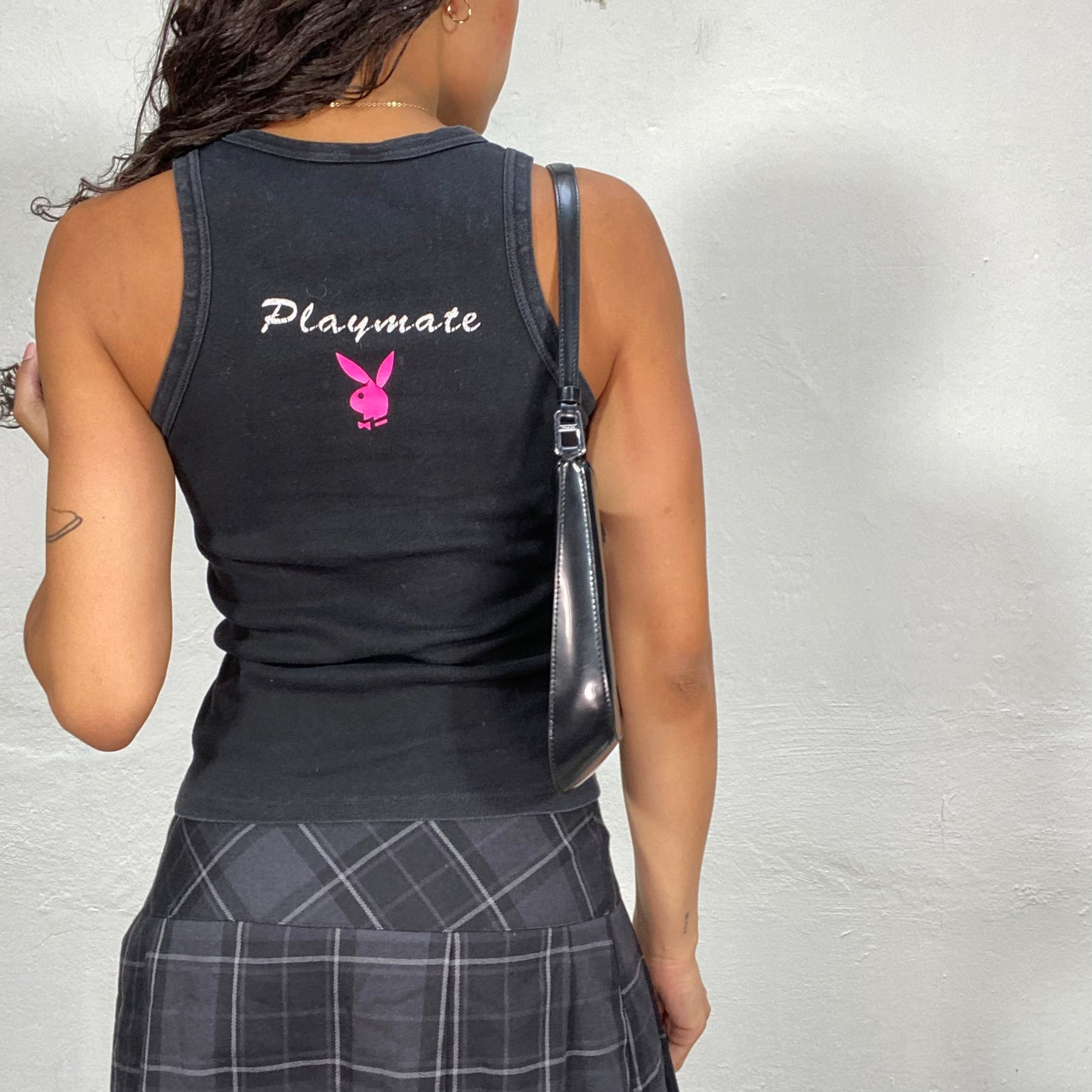 Vintage 2000's Playboy Archive Black Tank Top with Fuchsia Logo and "Playmate Company" Print Detail (S)