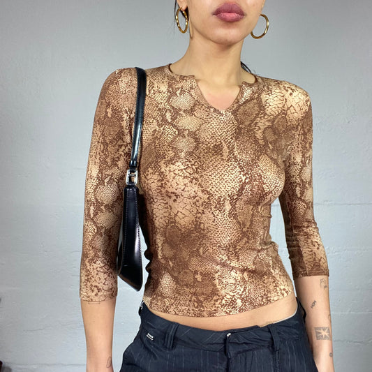 Vintage 2000's Clubwear Brown 3/4 Sleeve Top with Serpent Print (S)