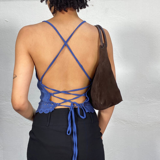 Vintage 2000's Soft Girl Blue Soft Backless Top with Hole Pattern Detail (S/M)