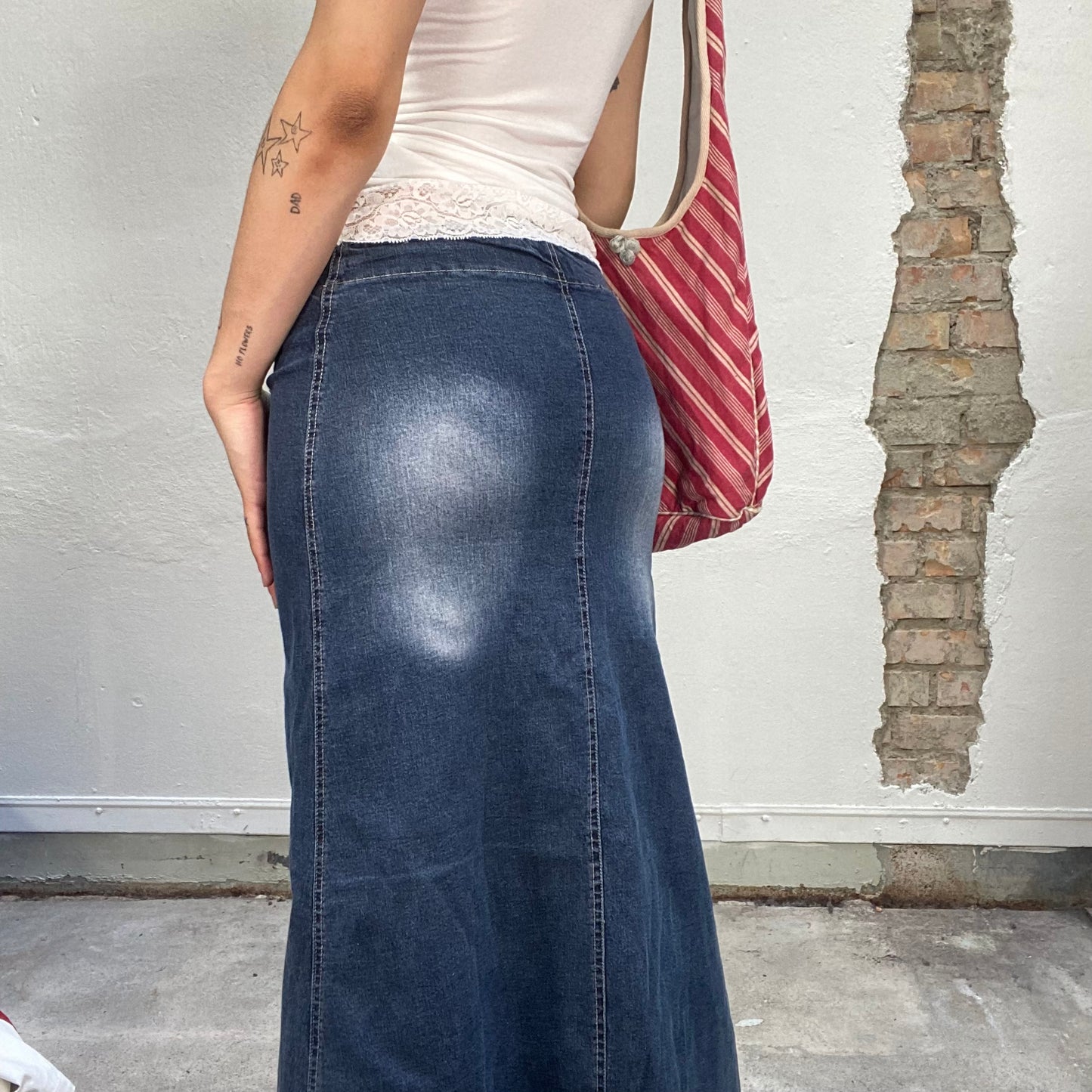 Vintage 90's Downtown Girl Denim Maxi Skirt with Washed Details (S/M)