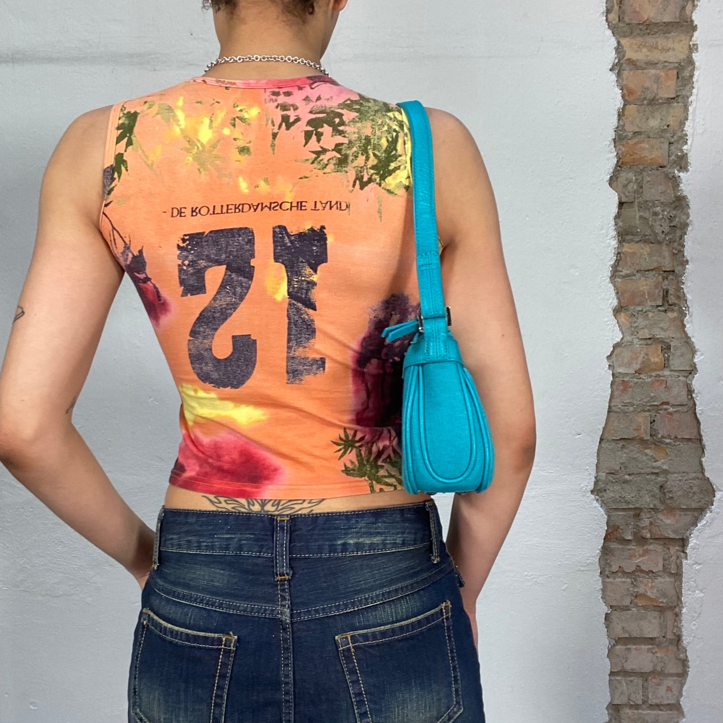 Vintage 90's Summer Orange Tank Top with Palm Tree Prints (S)