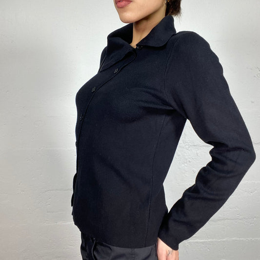 Vintage 2000's English It Girl Black Mesh Longsleeve Shirt with Asymmetric Button Up Detail (M)
