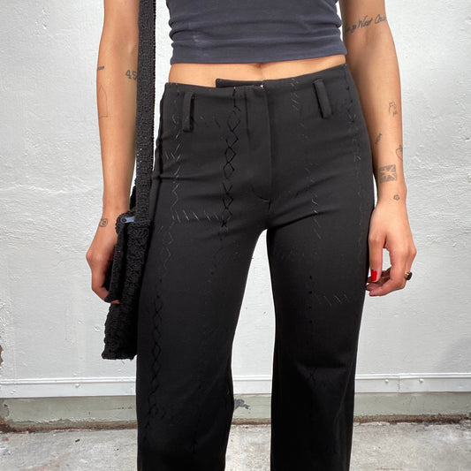 Vintage 90's Festive Black Straight Leg Jeans with Black Rhombus Pattern (S)