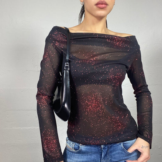 Vintage 2000's Clubwear Black Mesh Off Shoulder Longsleeve Top with Red Glitter Material (M)