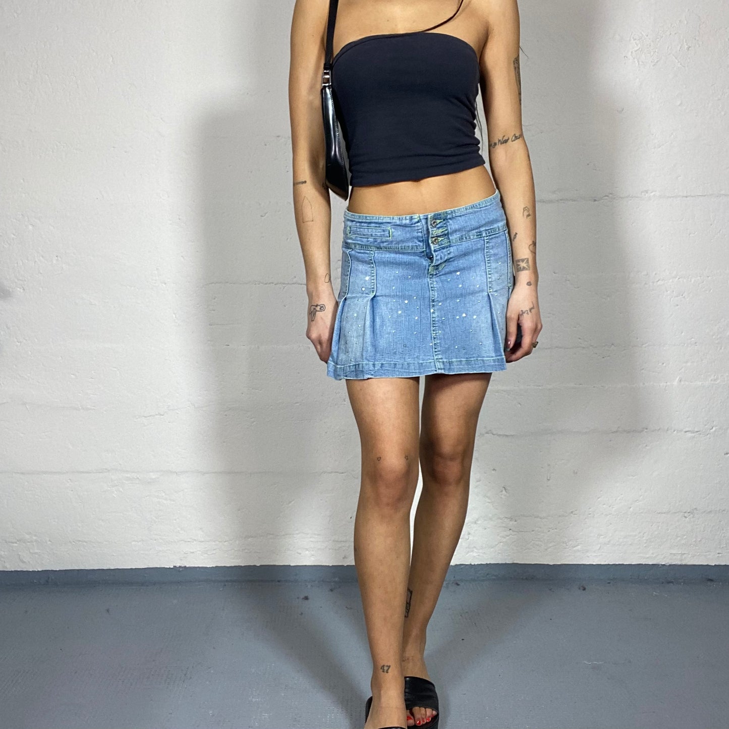 Vintage 2000's Downtown Girl Light Denim Mini Pleaded Skirt with Strass Covering Detail (S)