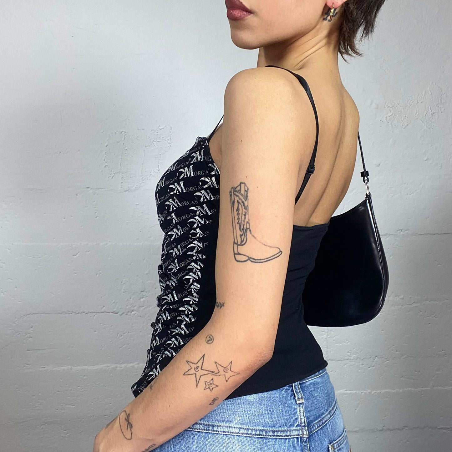 Vintage 2000's Morgan English It Girl Black Top with Monogram Print (S)