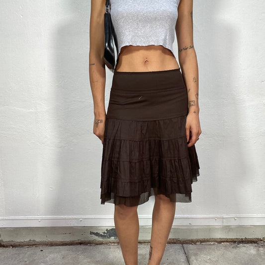 Vintage 90's Whimsgoth Girl Brown Midi Skirt with Volant and Mesh Detail (S)