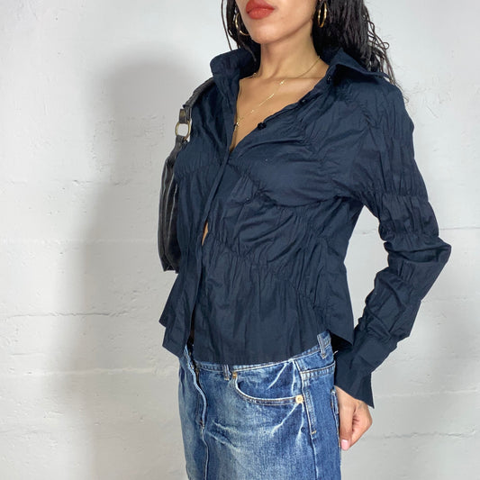 Vintage 2000's Office Black Ruffle Button Up Blouse with Textured Material (M/L)