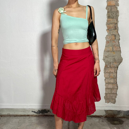 Vintage 2000's Funky Red Midi Skirt with Ruffle Trim (S)