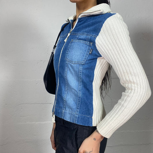 Vintage 2000's Cyber White Maille and Denim Panel Short Jacket (S)