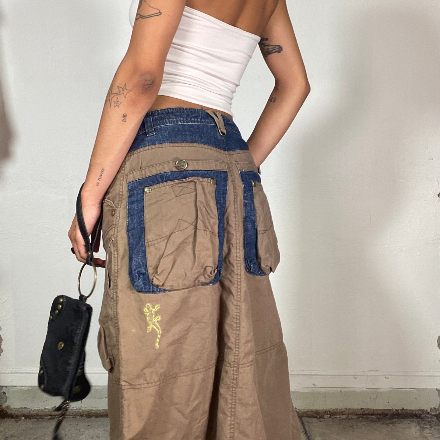 Vintage 2000's Techwear Khaki and Denim Maxi Cargo Skirt with Pockets and Yellow Salamander Detail (S/M)