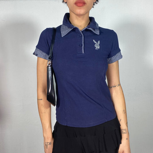 Vintage 2000's Playboy Navy Blue Polo Shirt With Rhinestone Logo Print (S)