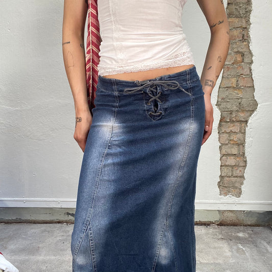 Vintage 90's Downtown Girl Denim Maxi Skirt with Washed Details (S/M)