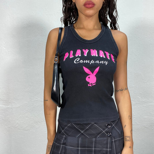 Vintage 2000's Playboy Archive Black Tank Top with Fuchsia Logo and "Playmate Company" Print Detail (S)