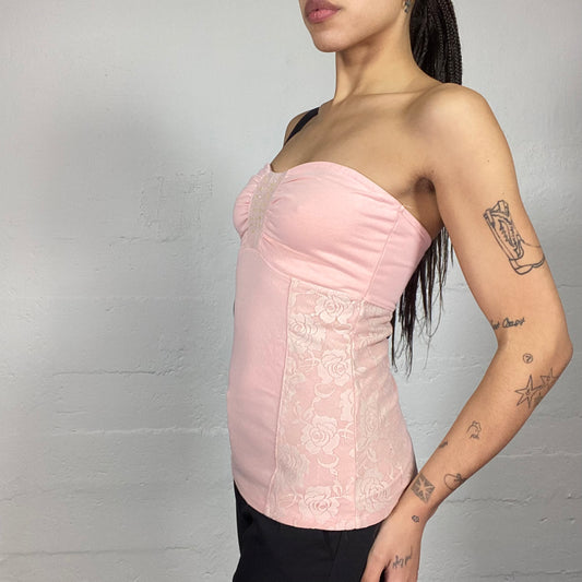 Vintage 2000's Soft Girl Pink Off Shoulder Top with Rosette Lace Detail (S/M)