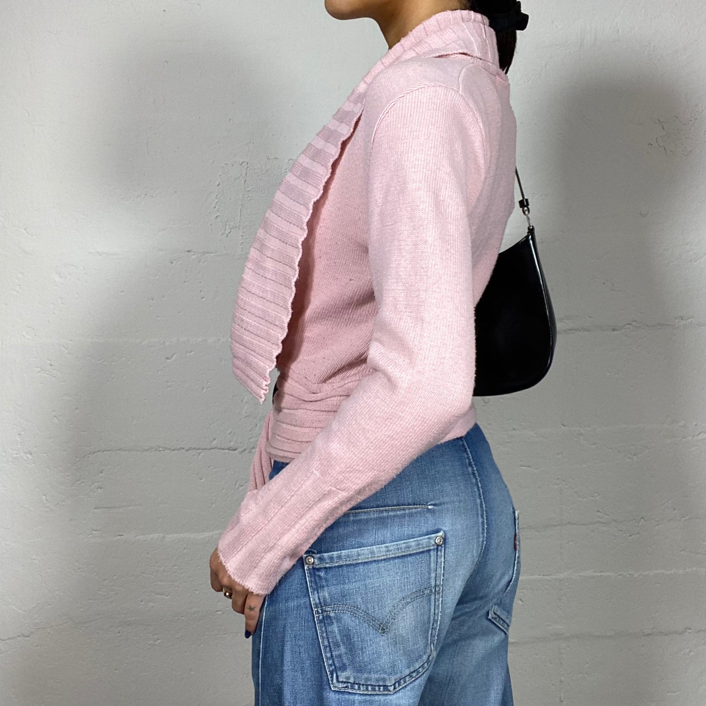 Vintage 2000's Ballet Baby Pink Knit Cardigan with Belted Round Buckle Detail (M)