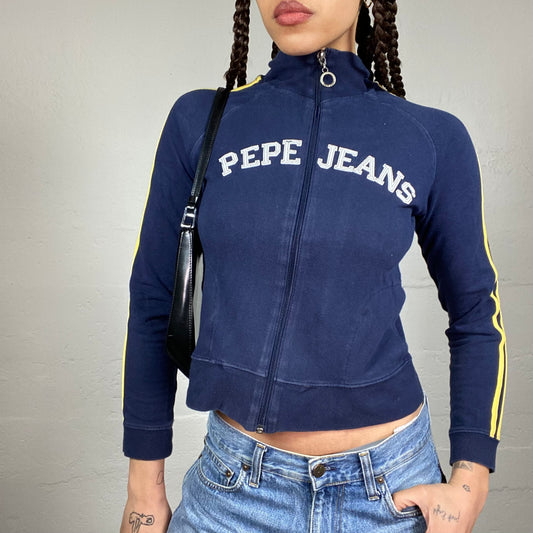 Vintage 2000's Pepe Jeans Blue Zip Up Jacket with Yellow Brand Print Detail (S)