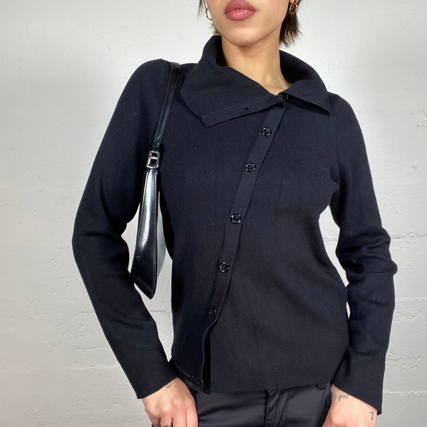 Vintage 2000's English It Girl Black Mesh Longsleeve Shirt with Asymmetric Button Up Detail (M)