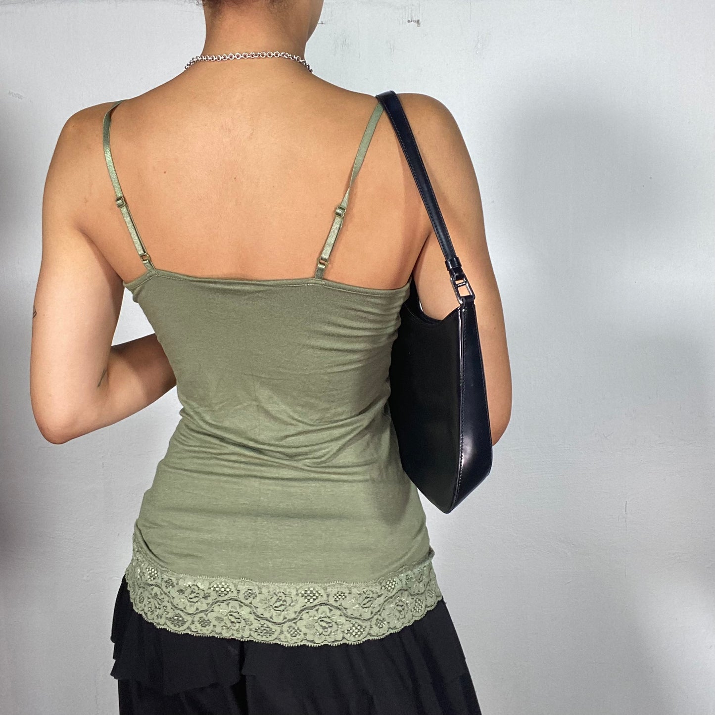 Vintage 2000's Coquette Khaki Cami Top with Lace Trim (S)