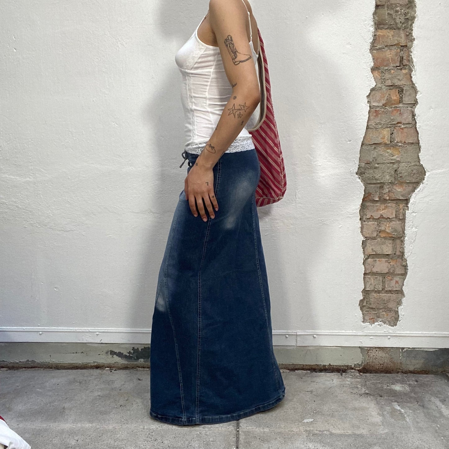 Vintage 90's Downtown Girl Denim Maxi Skirt with Washed Details (S/M)