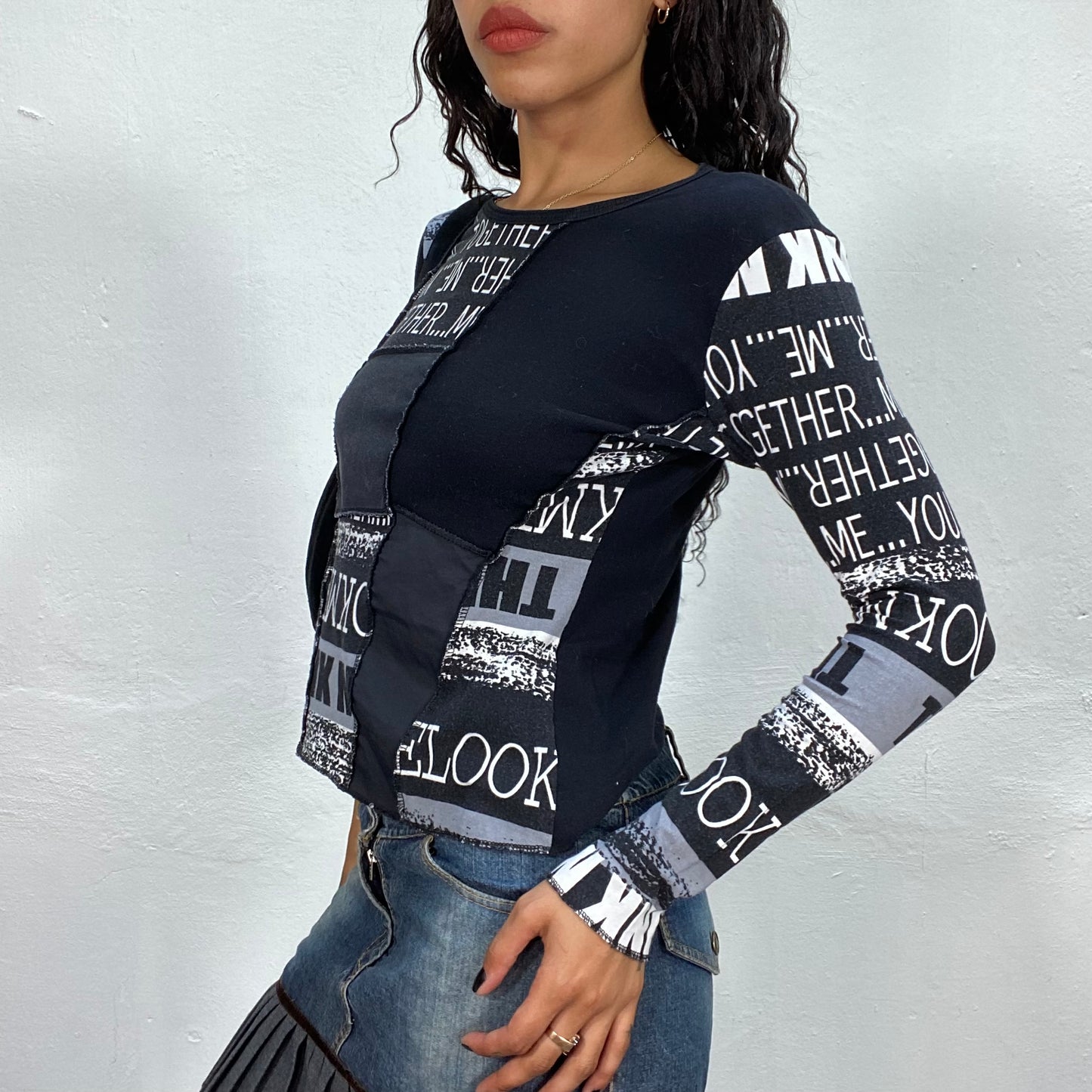 Vintage 90's Cyber Black Longsleeve Top with White Typography Print (S/M)