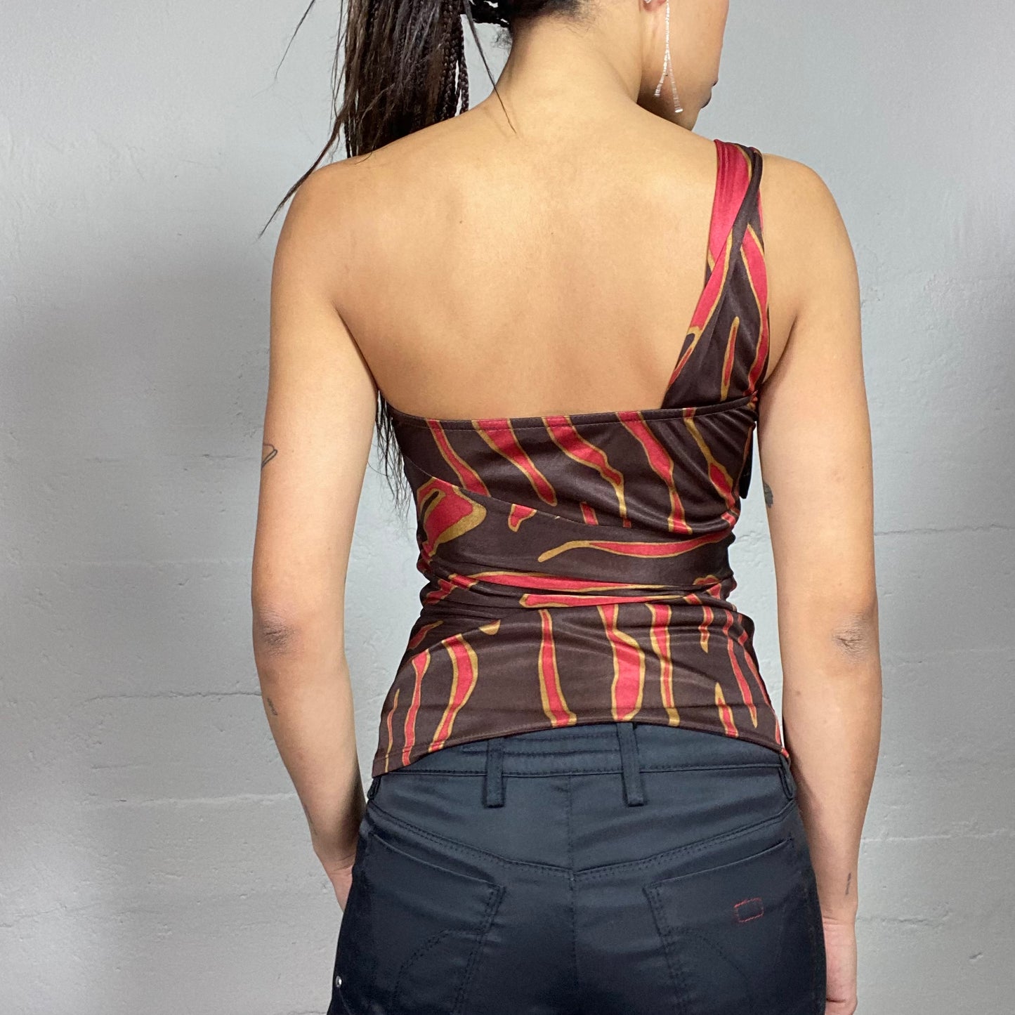 Vintage 2000's Clubwear One Shoulder Bow Tie Top with Flames Print (S)