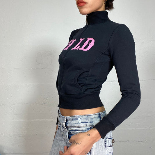 Vintage 2000's Sporty Black Zip Up Sweater with Pink "Wild" Patched Print (XS/S)