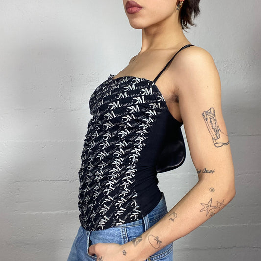 Vintage 2000's Morgan English It Girl Black Top with Monogram Print (S)