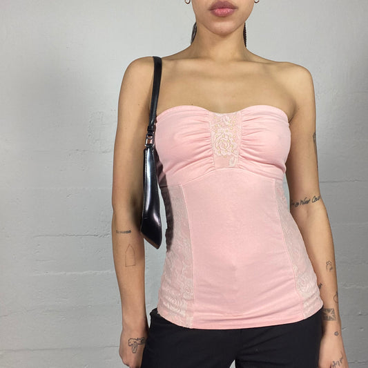 Vintage 2000's Soft Girl Pink Off Shoulder Top with Rosette Lace Detail (S/M)