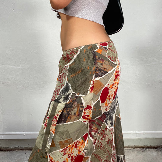 Vintage 90's Sleaze Khaki Maxi Skirt with Deconstructed Look and Ripped Papers Patchwork Pattern (S/M)