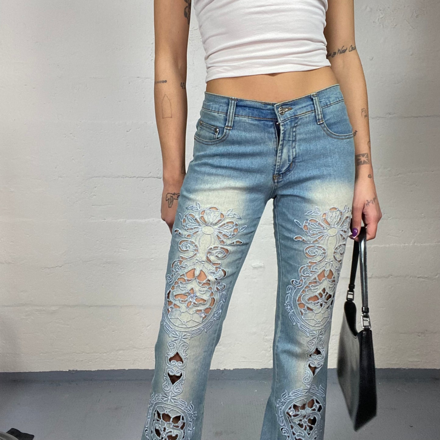 Vintage 2000's Downtown Girl Light Denim Pants with Ethnic Leg Cut Out Detail (S)