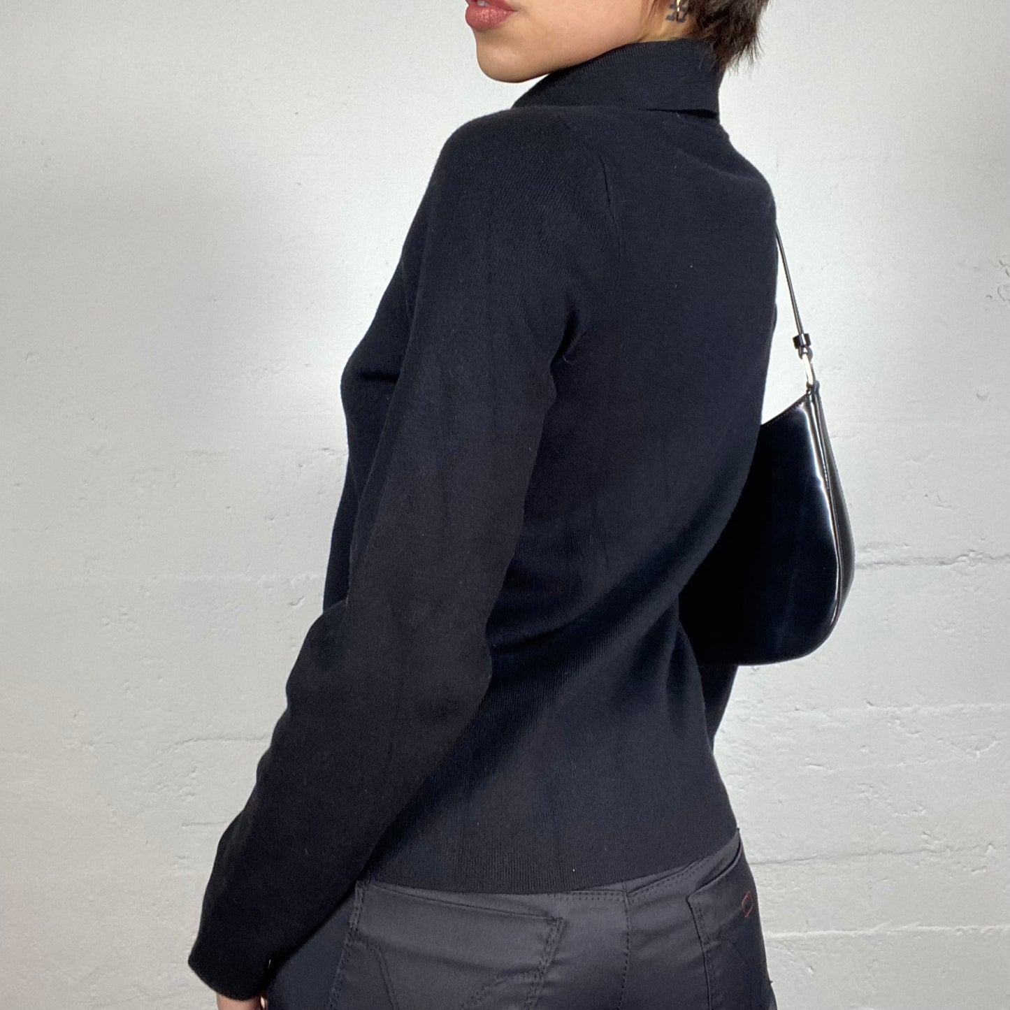Vintage 2000's English It Girl Black Mesh Longsleeve Shirt with Asymmetric Button Up Detail (M)