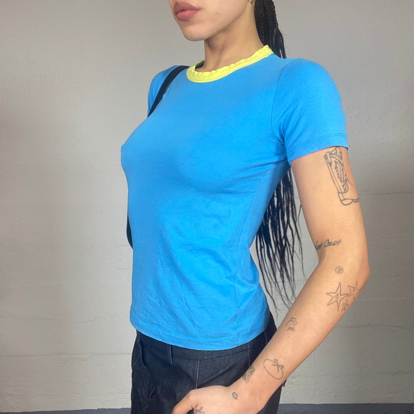 Vintage 90's Diesel Downtown Girl Blue Top with Yellow Back Print (S)