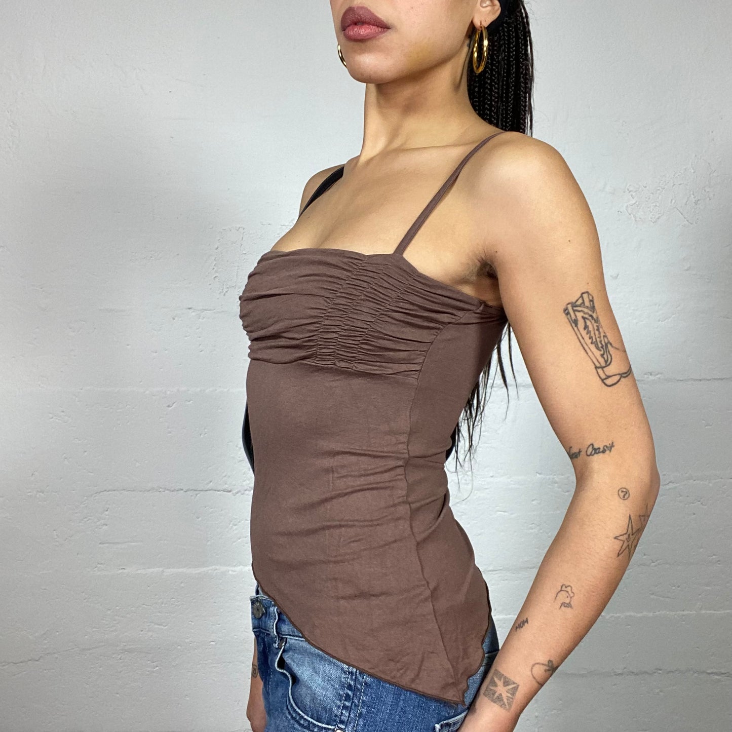 Vintage 2000's Downtown Girl Brown Asymmetric Cut Top (S)
