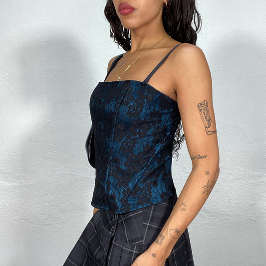 Vintage 90's Goth Blue Corset Top with Black Lace (S/M)