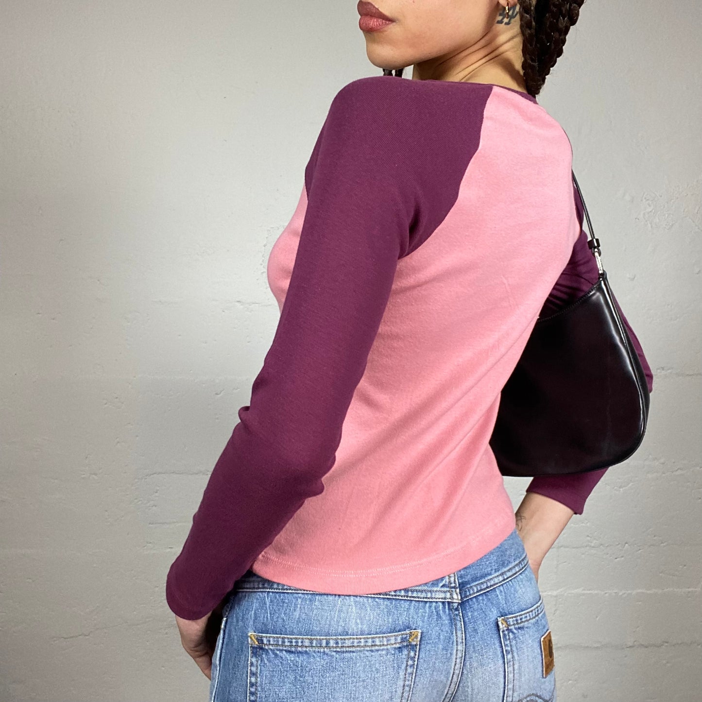 Vintage 2000's Funky Girl Pink Top with Fuchsia Lonngsleeve and Cartoon Girls Silhouette Print (S)