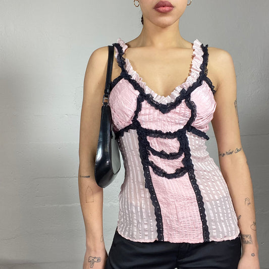 Vintage 2000's Morgan Coquette Pink Textured Top with Black Lace Trims Detail (S/M)
