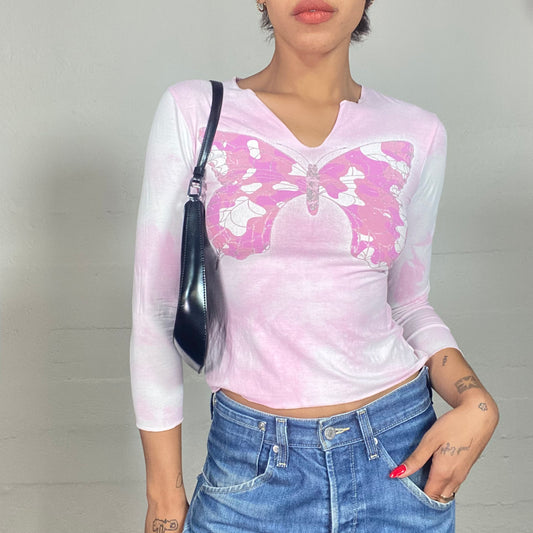 Vintage 2000's Cute Pink Tie Dye Top with Butterfly Print (S)