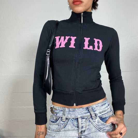 Vintage 2000's Sporty Black Zip Up Sweater with Pink "Wild" Patched Print (XS/S)