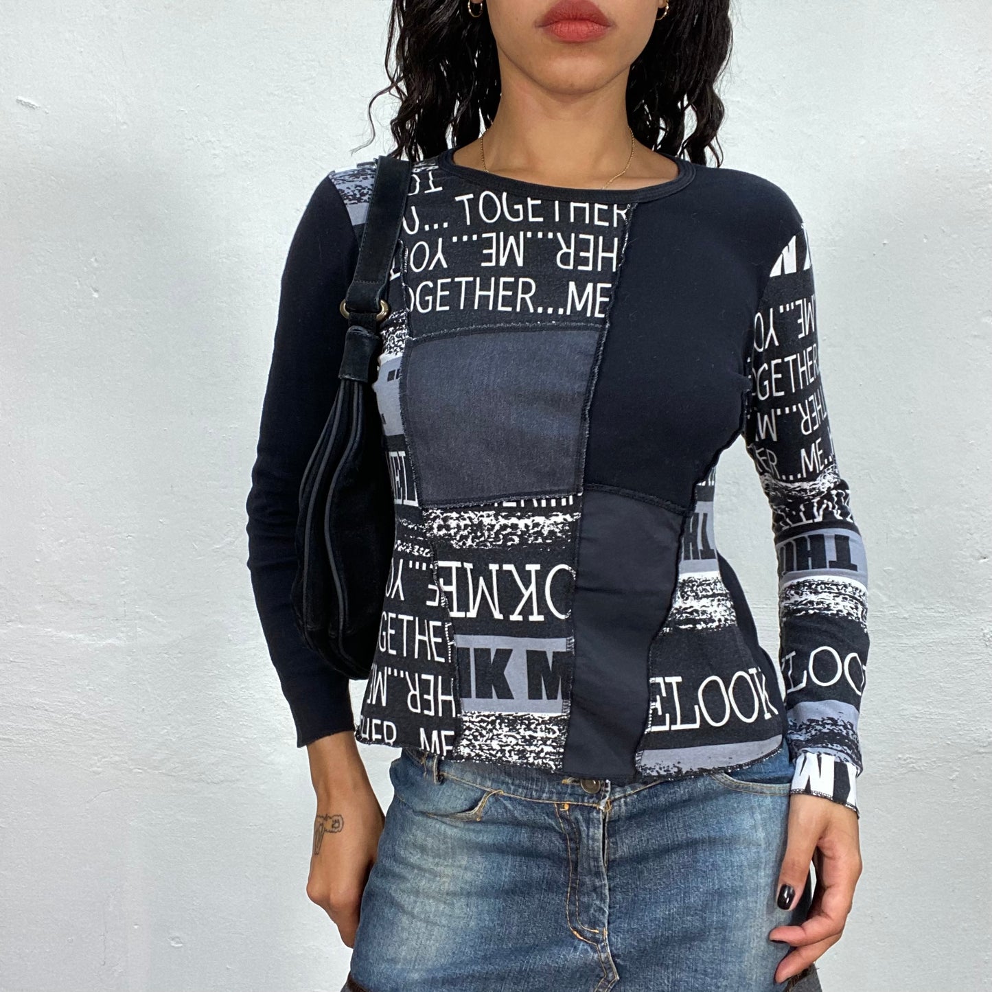 Vintage 90's Cyber Black Longsleeve Top with White Typography Print (S/M)