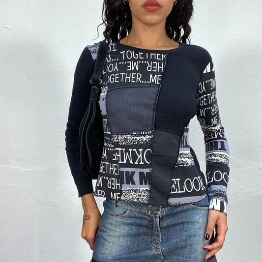 Vintage 90's Cyber Black Longsleeve Top with White Typography Print (S/M)