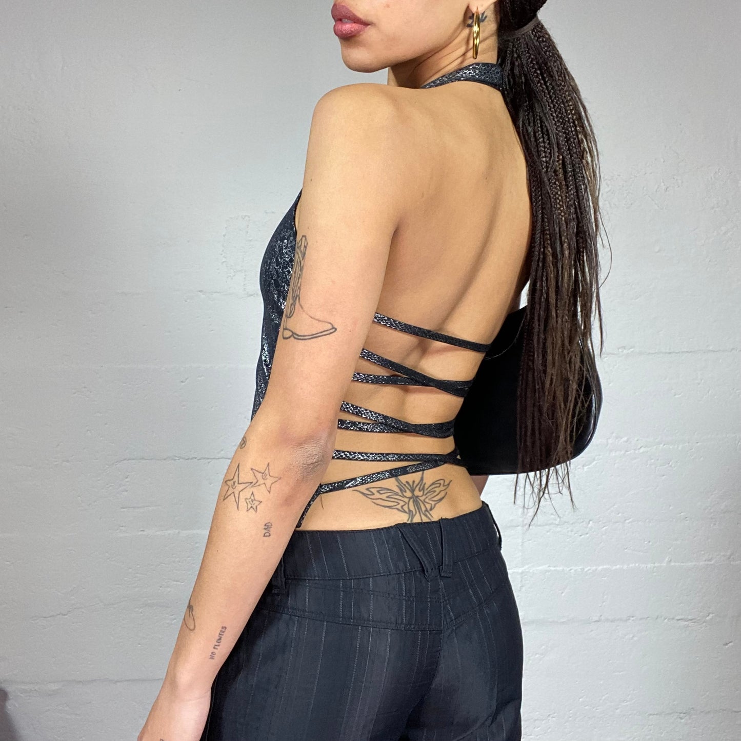 Vintage 2000's Clubwear Black Open Back Top with Serpent Holographic Print (S)