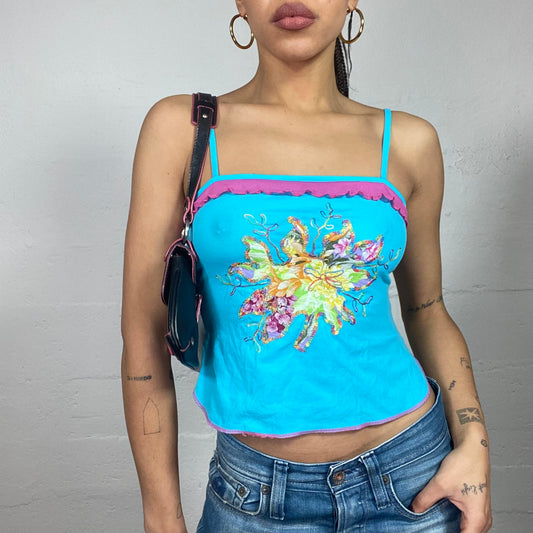 Vintage 90's Festival Girl Blue Shirt with Colourful Floral Leaf Print (S)