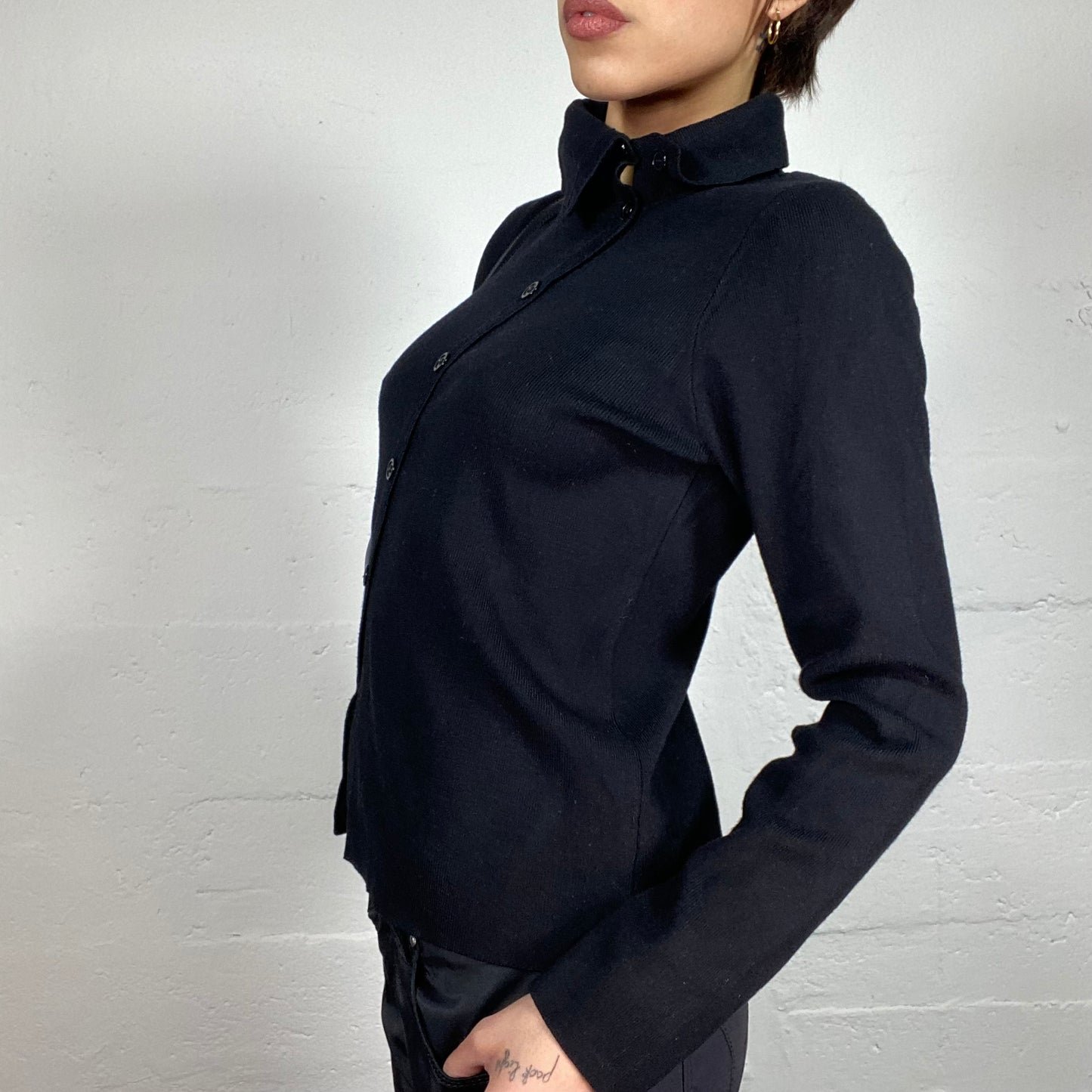 Vintage 2000's English It Girl Black Mesh Longsleeve Shirt with Asymmetric Button Up Detail (M)