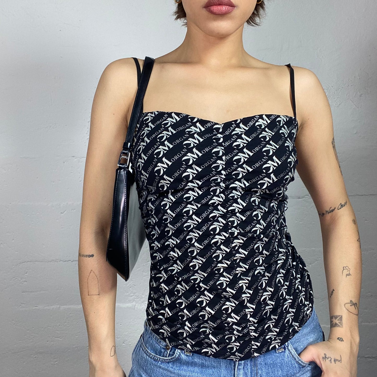 Vintage 2000's Morgan English It Girl Black Top with Monogram Print (S)