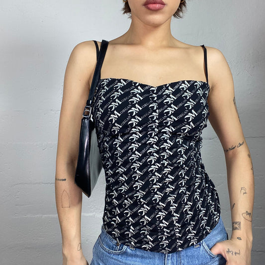 Vintage 2000's Morgan English It Girl Black Top with Monogram Print (S)