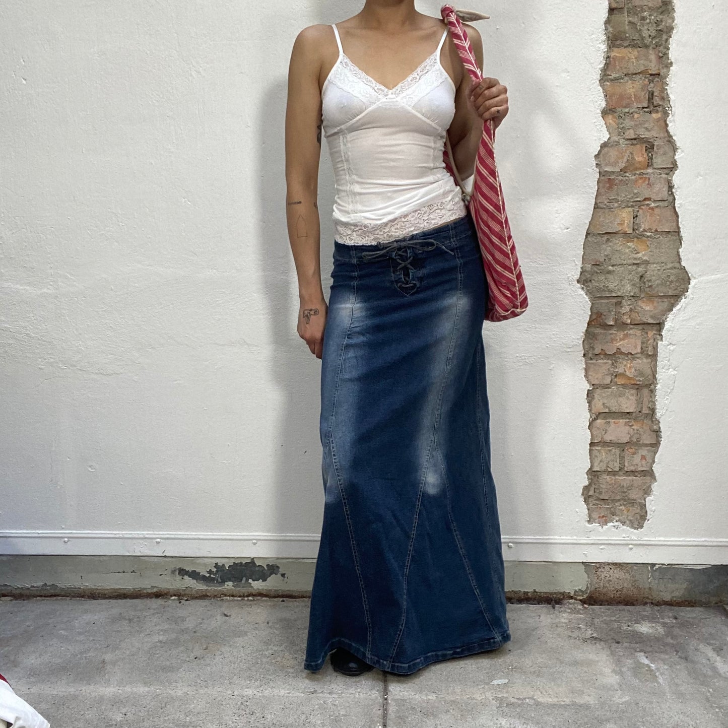 Vintage 90's Downtown Girl Denim Maxi Skirt with Washed Details (S/M)