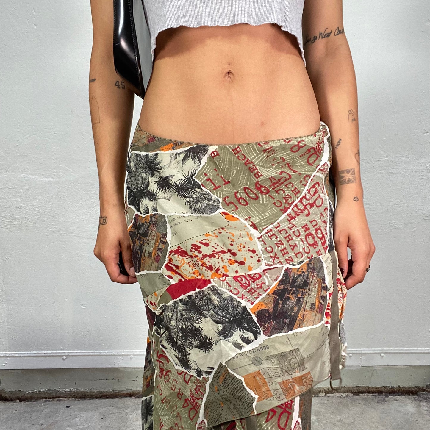 Vintage 90's Sleaze Khaki Maxi Skirt with Deconstructed Look and Ripped Papers Patchwork Pattern (S/M)