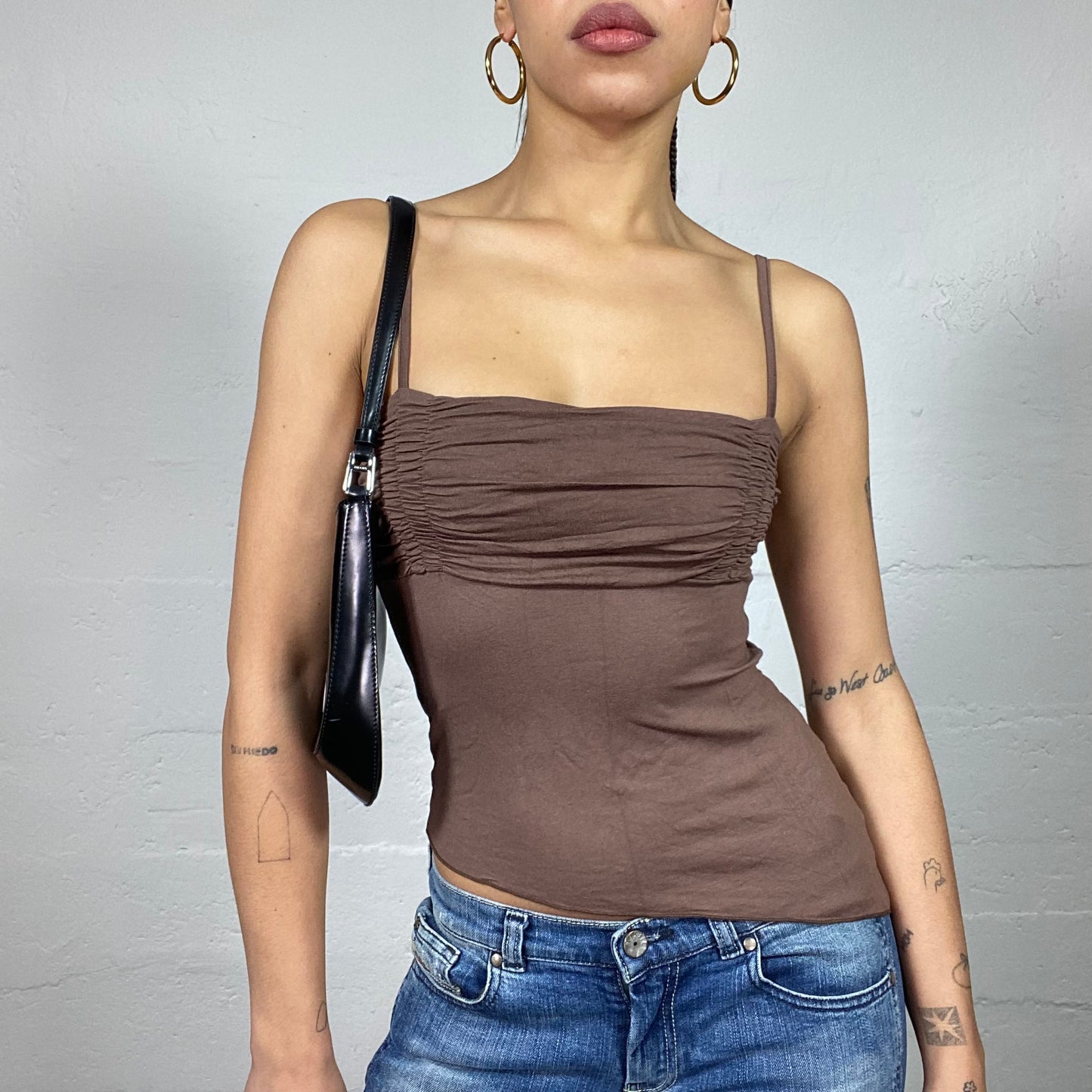 Vintage 2000's Downtown Girl Brown Asymmetric Cut Top (S)